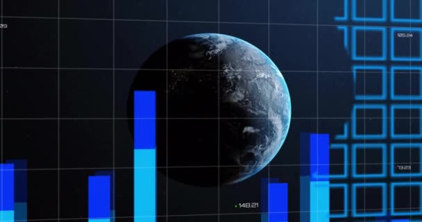 Animação Processamento Dados Financeiros Sobre Mapa Mundo Globo Conceito Finanças — Vídeo de Stock