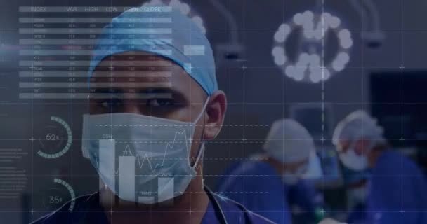 Анимация Обработки Данных Диаграмм Над Различными Хирургами Масками Лице Операционной — стоковое видео