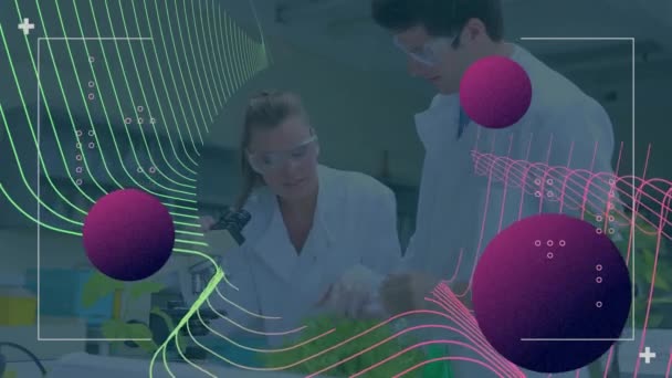 Animación Del Procesamiento Datos Científicos Sobre Diversos Científicos Laboratorio Ciencia — Vídeo de stock