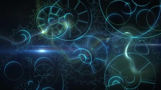 移动的齿轮在霓虹灯上的动画效果 全球技术和数字接口概念数字生成视频 — 图库视频影像