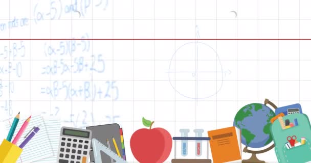 Animation Objets Scolaires Dessins Mathématiques Sur Fond Carré Blanc Concept — Video
