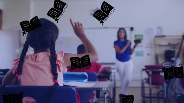 Animáció Könyvek Ikonok Különböző Iskolások Női Tanár Osztályteremben Iskolai Oktatási — Stock videók