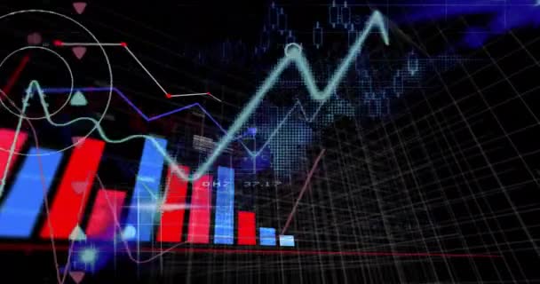 Animation Von Statistiken Und Finanzdatenverarbeitung Auf Schwarzem Hintergrund Globales Finanz — Stockvideo