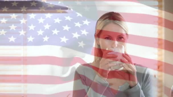 Animation Flag Usa Caucasian Woman Drinking Water Lifestyle Patriotism Concept — Stock Video