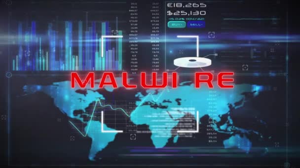 Animace Malware Textu Zpracování Dat Mapě Světa Globální Bezpečnost Koncepce — Stock video