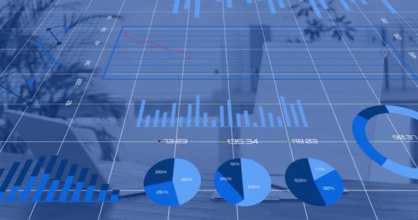 Animering Finansiell Databehandling Över Skrivbord Tomt Kontor Globala Finans Affärs — Stockvideo