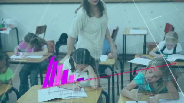Animatie Van Financiële Gegevensverwerking Diverse Schoolkinderen Vrouwelijke Leerkrachten Mondiaal Onderwijs — Stockvideo