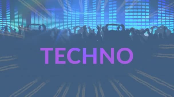 Animace Technotextu Nad Světlými Body Tančícími Lidmi Hudba Party Oslavy — Stock video