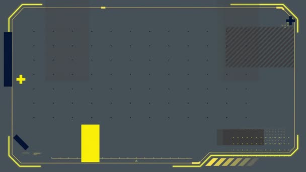 黄色のフレームと暗い背景の形のアニメーション パターンとデジタルインターフェースのコンセプトデジタル生成ビデオ — ストック動画