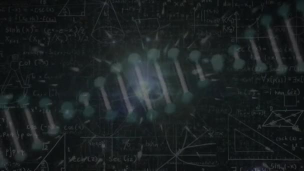 Animace Vlákna Dna Světelných Skvrn Nad Matematickými Rovnicemi Globální Koncepce — Stock video