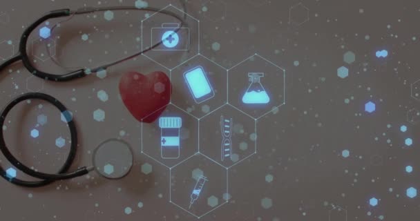 Animación Los Iconos Medicina Sobre Estetoscopio Corazón Concepto Medicina Global — Vídeo de stock