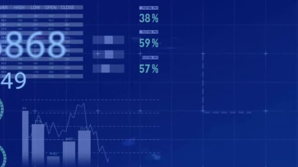 Animatie Van Verwerkingsgegevens Grafieken Grafieken Blauwe Achtergrond Data Digitale Interface — Stockvideo