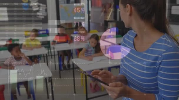 Animation Charts Processing Data Caucasian Female Teacher Using Tablet Classroom — Stock Video
