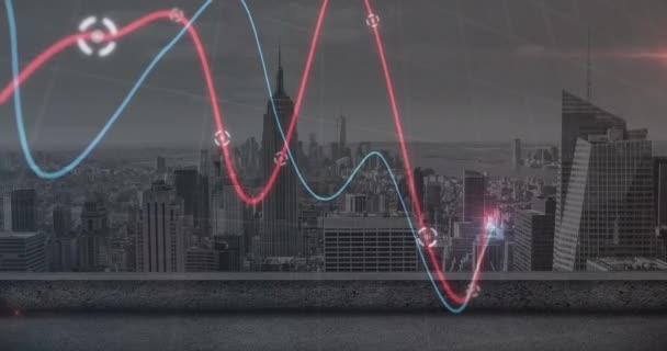 Şehir Manzarası Üzerindeki Veri Işleme Diyagramlarının Animasyonu Küresel Teknoloji Dijital — Stok video