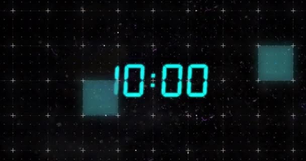 在黑色背景上 蓝色数字时钟定时器在网格上变化的动画 数字视频的时间 计时器 数字接口和数据处理概念 — 图库视频影像