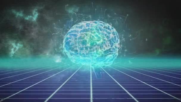在黑暗背景下旋转人脑的发光小径动画 全球科学 计算机 人工智能和数据传输概念 — 图库视频影像