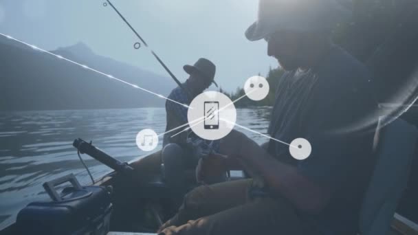 Animación Red Conexiones Con Iconos Sobre Amigos Caucásicos Que Pescan — Vídeo de stock