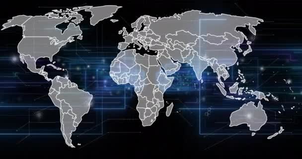 在黑色背景的世界地图上进行数字数据处理动画 全球连接 计算和数据处理概念数字生成的视频 — 图库视频影像
