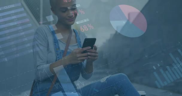 在使用智能手机的情况下 通过话音妇女对金融数据处理进行动画化 全球商业 计算和数据处理概念数字生成的视频 — 图库视频影像