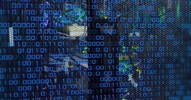 Image of binary code and data over servers. Global network, data processing, digital communication and technology concept digitally generated image.