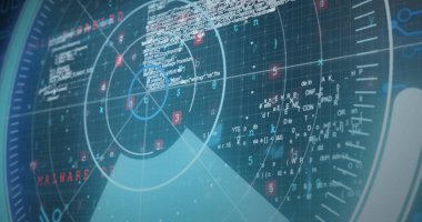 Mavi arkaplan ile veri işleme alanının tarandığı resim. Bilgisayar arayüzü ve iş teknolojisi kavramı