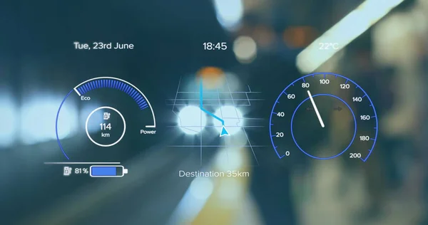 Ett Digitalt Gränssnitt Med Hastighetsmätare Och Energiikoner Blå Bakgrund Global — Stockfoto