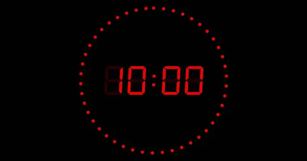 Image of red digital timer changing with dots in circle on black background. Time, digital interface and data processing concept digitally generated image.