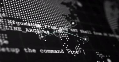 Ağ üzerinde veri işleme animasyonu ve siyah arkaplan üzerinde piksel küre. Veri, dijital arayüz, bağlantı, işleme ve küresel iletişim, dijital olarak oluşturulmuş video.