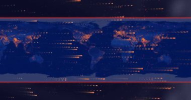 Mavi dünya haritası ve siyah sınırlar üzerinde işlenen turuncu veri izlerinin animasyonu. Ağ, veri, dijital arayüz ve küresel iletişim, dijital olarak oluşturulmuş video.