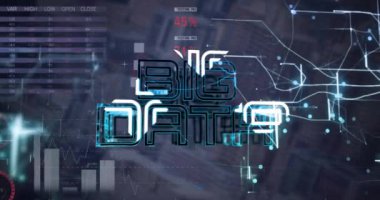 Finansal veri işleme üzerine büyük veri metninin animasyonu. Küresel finans, iş, bağlantılar, bulut hesaplama ve veri işleme kavramı dijital olarak oluşturulmuş video.