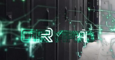 Veri işleme üzerinden şifreli metin animasyonu ve bilgisayar sunucuları üzerinden bağlantılar. Küresel iş, bağlantılar, hesaplama ve veri işleme kavramı dijital olarak oluşturulmuş video.