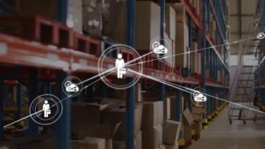 Deponun üzerindeki simgelerle bağlantı ağının animasyonu. Küresel dağıtım, teknoloji ve dijital arayüz kavramı dijital olarak oluşturulmuş video.