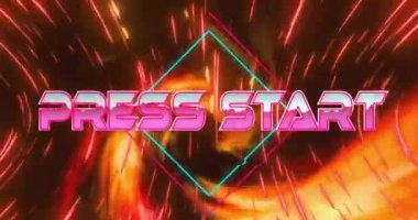 Neon desenli arkaplan üzerinden başlat metninin canlandırması. Küresel video oyunu, dijital arayüz, iletişim, bilgisayar ve veri işleme kavramı dijital olarak oluşturuldu.
