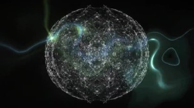 Hareket eden neon şekillerin üzerinde beyaz şekillerin ve kürenin animasyonu. Küresel teknoloji ve dijital arayüz konsepti dijital olarak oluşturulmuş video.