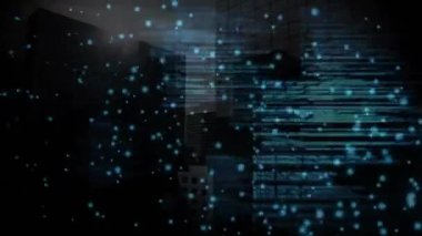 Şehirdeki veri işleme ve ışık noktalarının animasyonu. Küresel teknoloji, bilgisayar ve dijital arayüz kavramı dijital olarak oluşturulmuş video.