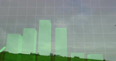 Rüzgar türbini üzerinde finansal veri işleme animasyonu. Küresel finansman, ekoloji ve dijital arayüz kavramı dijital olarak oluşturulmuş video.