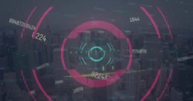 Animation of financial data processing over cityscape. Global business, finances, computing and data processing concept digitally generated video.