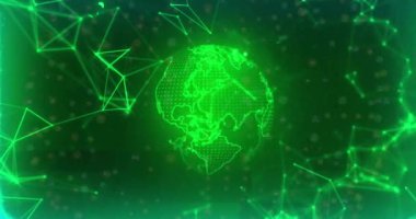 Siyah arka planda parlayan bağlantıların ve dünyanın animasyonu. Küresel iş, finans, bağlantılar, hesaplama ve veri işleme kavramı dijital olarak oluşturulmuş video.