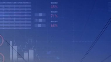 Çevredeki elektrik direkleri üzerinde finansal veri işleme animasyonu. Küresel finans, iş, bağlantılar, hesaplama ve veri işleme kavramı dijital olarak oluşturulmuş video.