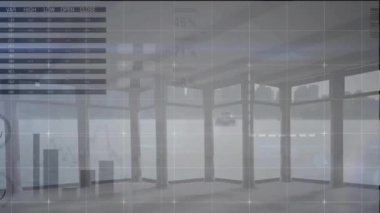 Ofis üzerinde veri işleme ve diyagramlarının animasyonu. Küresel teknoloji ve dijital arayüz konsepti dijital olarak oluşturulmuş video.