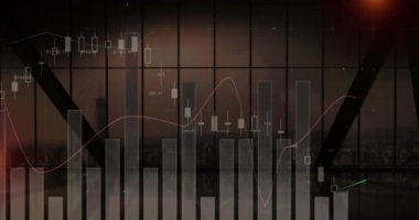 Şehirdeki finansal veri işleme animasyonu. Küresel finans, iş, bağlantılar, hesaplama ve veri işleme kavramı dijital olarak oluşturulmuş video.