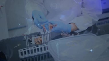 Kafkas erkek bilim adamı üzerinden bağlantı ağının animasyonu. Küresel tıp, işletme, bağlantılar, hesaplama ve veri işleme kavramı dijital olarak oluşturulmuş video.