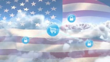 Amerika bayrağı ve bulutlu gökyüzü üzerinde alışveriş ve güvenlik simgeleri ağı animasyonu. Bağlantı, gurur, vatanseverlik, kutlama, iş ve iletişim, dijital olarak oluşturulmuş video.