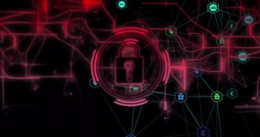 Karanlık arkaplan üzerinde veri işleme ve asma kilit simgesi animasyonu. Küresel siber güvenlik, bağlantılar, hesaplama ve veri işleme kavramı dijital olarak oluşturuldu.
