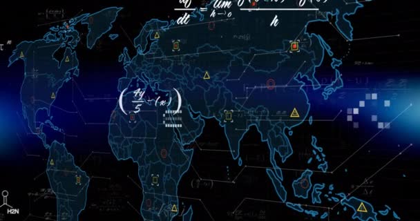 Анимация Математических Уравнений Карте Мира Концепция Глобального Делового Цифрового Интерфейса — стоковое видео