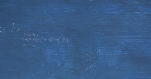Animation of layers of mathematical formulae and equations over blue chalkboard. Data, mathematics, research, learning, education and communication, digitally generated video.