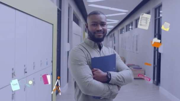 Animatie Van School Iconen Glimlachende Afro Amerikaanse Mannelijke Leraar Schoolgang — Stockvideo
