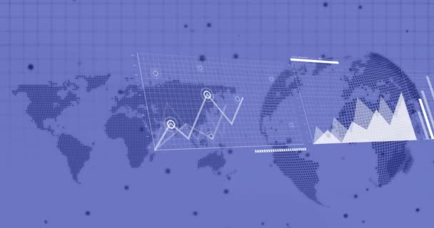 Animazione Dell Elaborazione Dei Dati Finanziari Mappa Del Mondo Globo — Video Stock