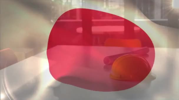 Animación Bandera Japón Sobre Casco Los Planos Del Arquitecto Sobre — Vídeo de stock
