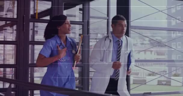 Animação Diagramas Processamento Dados Sobre Diversos Médicos Que Correm Hospital — Vídeo de Stock